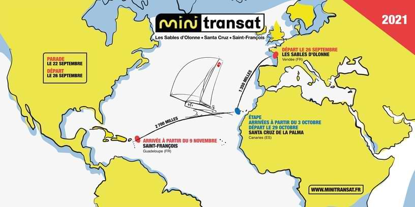 This is the map showing the route of the Mini Transat 2021 challenge. The race starts at Les Sables d'Olonne with a stopover at Santa Cruz de La Palma and ends at Saint François.