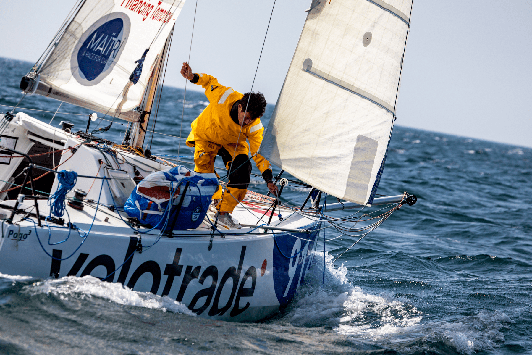 Velotrade boat close-up shot with skipper Brieuc in action at the Mini Gascogna race.