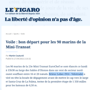 This is a Le Figaro News snapshot in French highlighting Velotrade's leading position after the first windward mark.