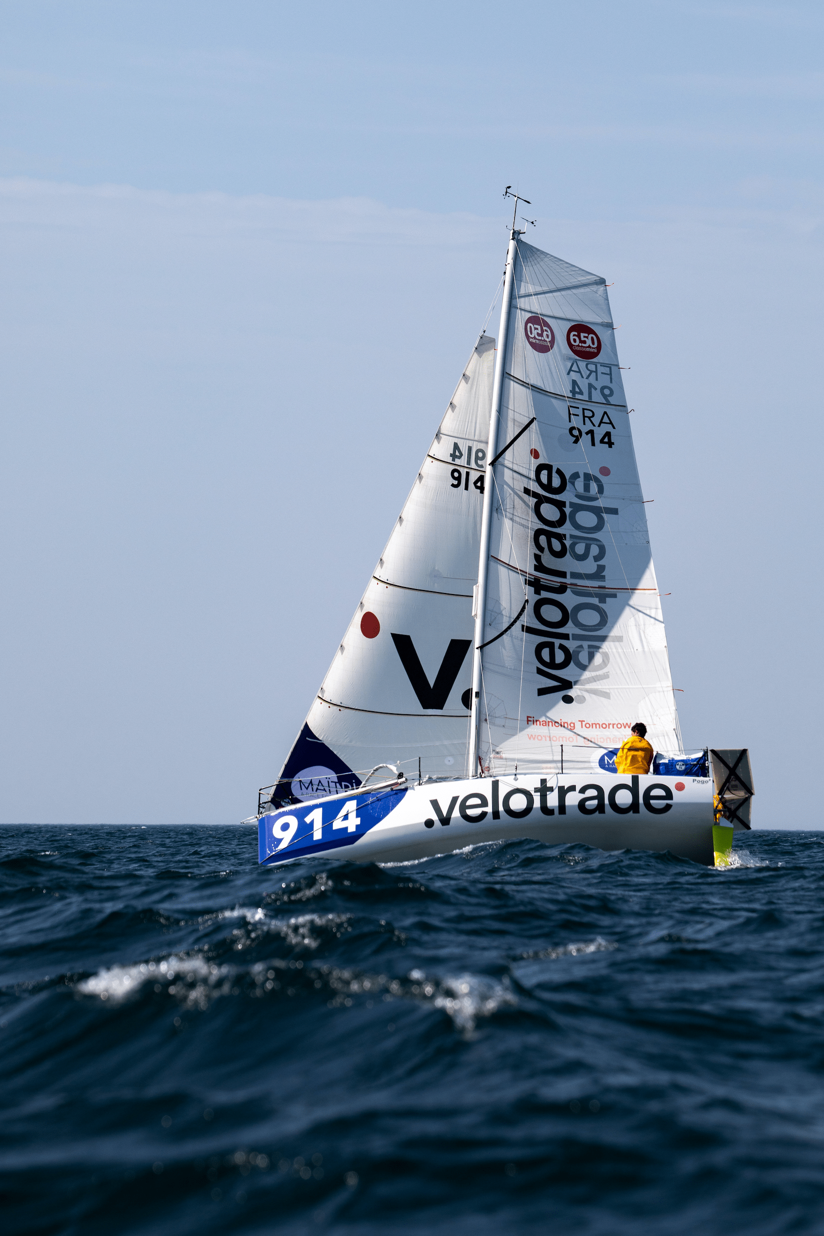 This is a full shot of the Velotrade sailboat at the 2021 Mini Gascogna race.